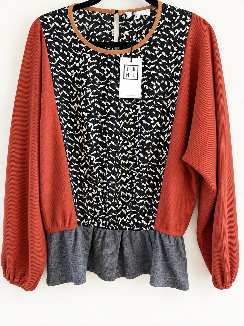 THML Rust Red Mixed-Print Peplum Pullover with Black Cream Panel